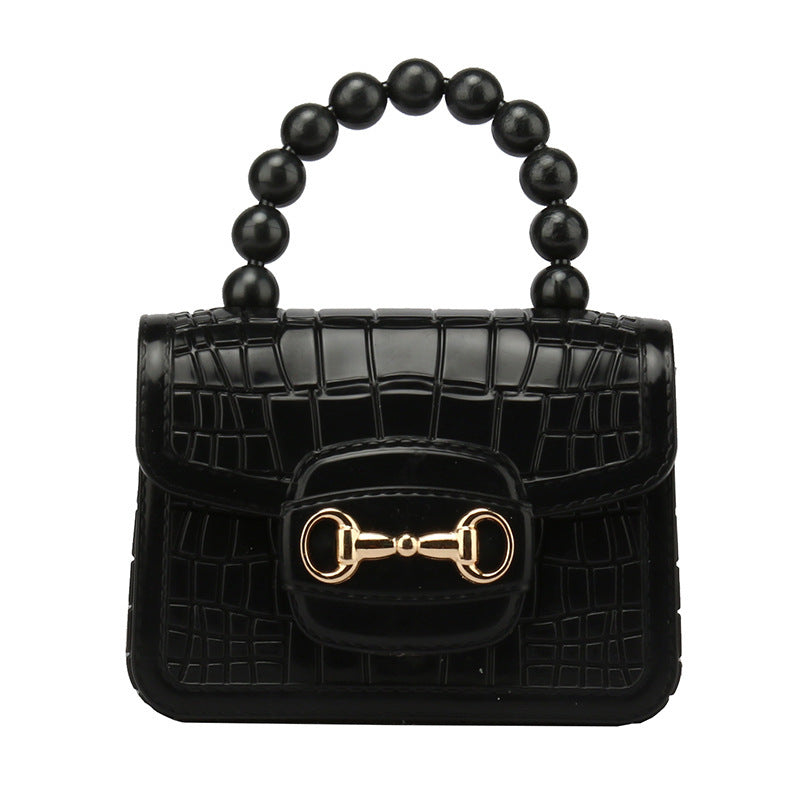 Crocodile Texture Women Girl Handbag PU Leather Makeup Lipstick Small Tote Bag with Beads Tote Handle
