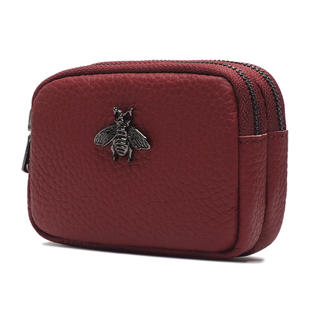 AP202 Dual-Layer Genuine Cowhide Leather Coin Storage Bag Mini Wallet Small Change Pouch Zipper Purse Card Key Holder