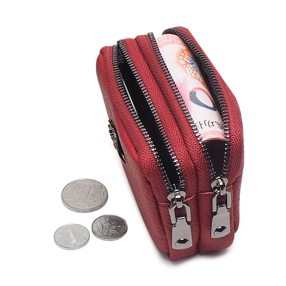AP202 Dual-Layer Genuine Cowhide Leather Coin Storage Bag Mini Wallet Small Change Pouch Zipper Purse Card Key Holder