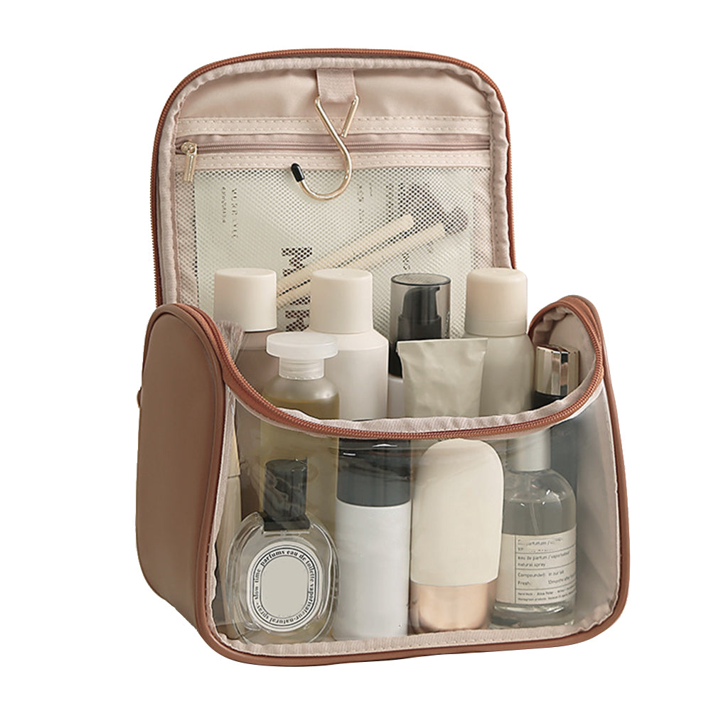 HK8297 Waterproof Clear Design Makeup Bag Large Capacity Cosmetic Bag PU Leather PVC Travel Toiletry Organizer with Portable Handle Strap