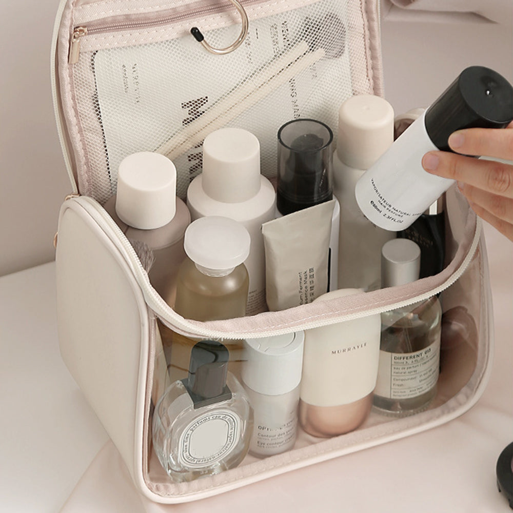 HK8297 Waterproof Clear Design Makeup Bag Large Capacity Cosmetic Bag PU Leather PVC Travel Toiletry Organizer with Portable Handle Strap