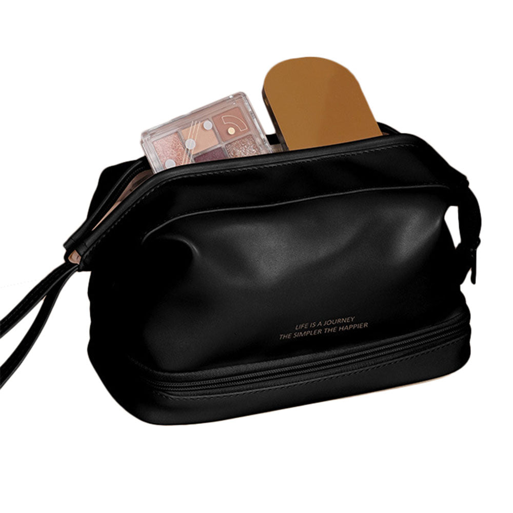 HK8182 Double Layer PU Leather Makeup Bag Portable Travel Zipper Cosmetics Carrying Bag