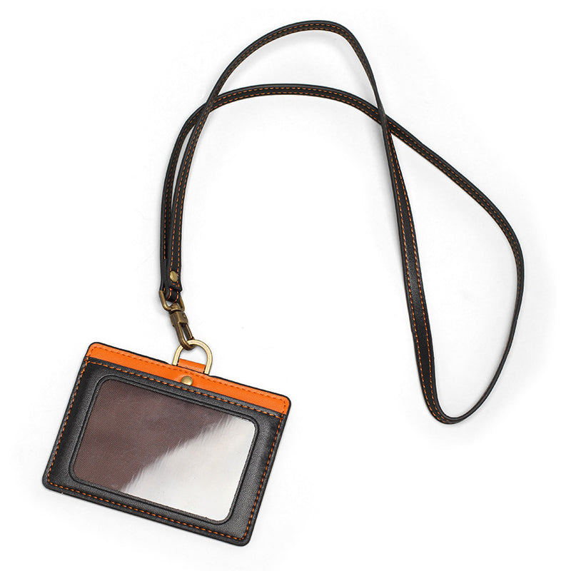 AP175 Card Slot Design Cowhide Leather Work Permit Holder with Removable Neck Strap