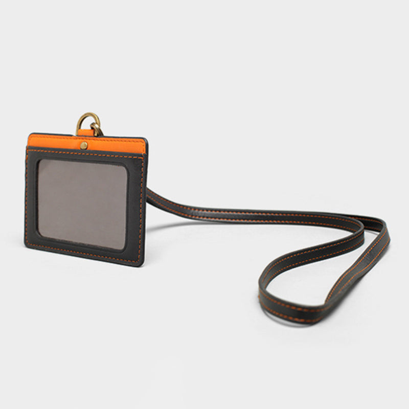 AP175 Card Slot Design Cowhide Leather Work Permit Holder with Removable Neck Strap