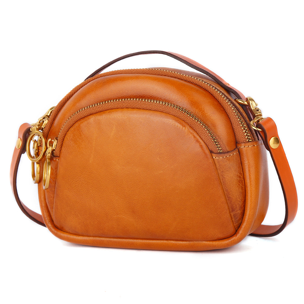 8897 Cowhide Leather Crossbody Shoulder Bag Zippered Pocket Handbag with Handle Strap for Women Girls