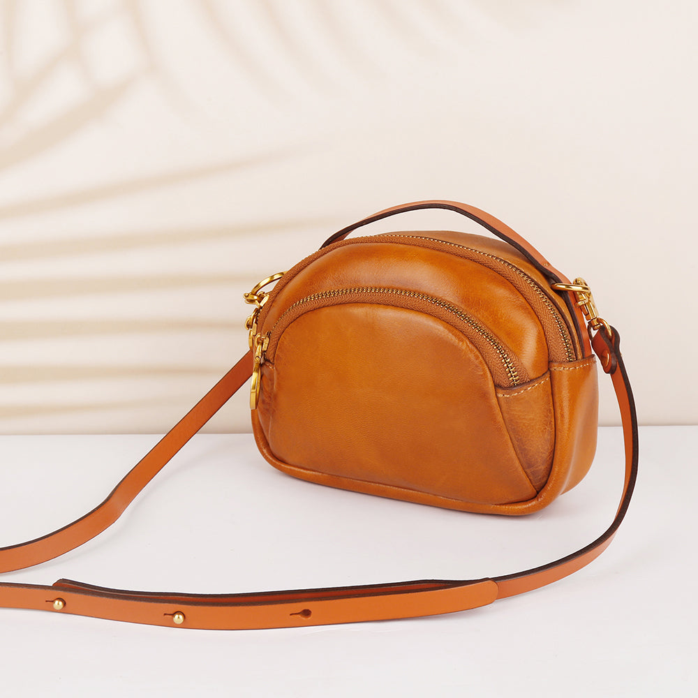 8897 Cowhide Leather Crossbody Shoulder Bag Zippered Pocket Handbag with Handle Strap for Women Girls