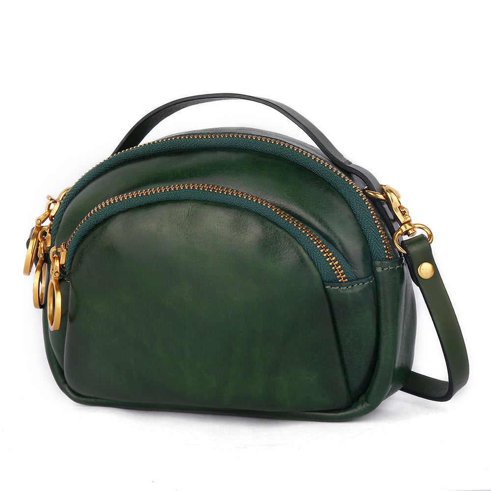 8897 Cowhide Leather Crossbody Shoulder Bag Zippered Pocket Handbag with Handle Strap for Women Girls