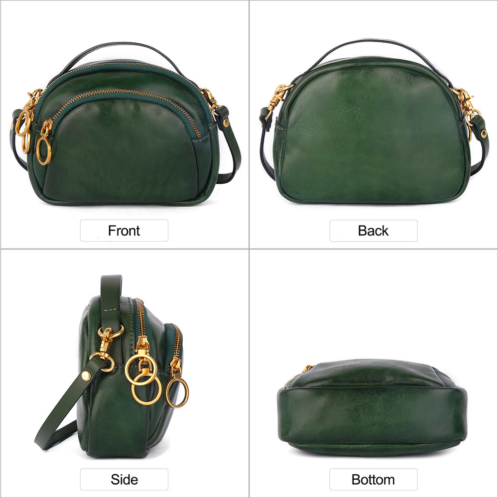 8897 Cowhide Leather Crossbody Shoulder Bag Zippered Pocket Handbag with Handle Strap for Women Girls
