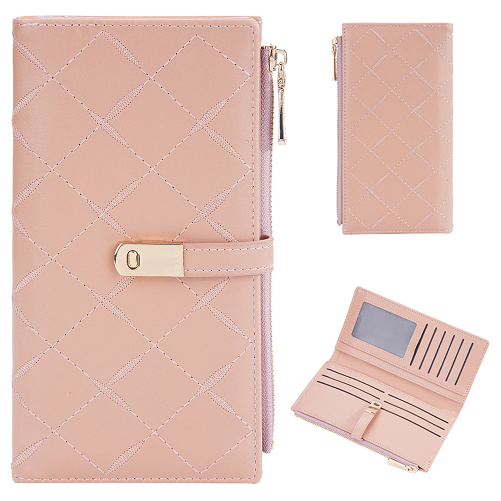 BAELLERRY N8627 Stylish Stitching Decor Women PU Leather Zipper Pocket Clutch Bag Cards Cash Holder Purse