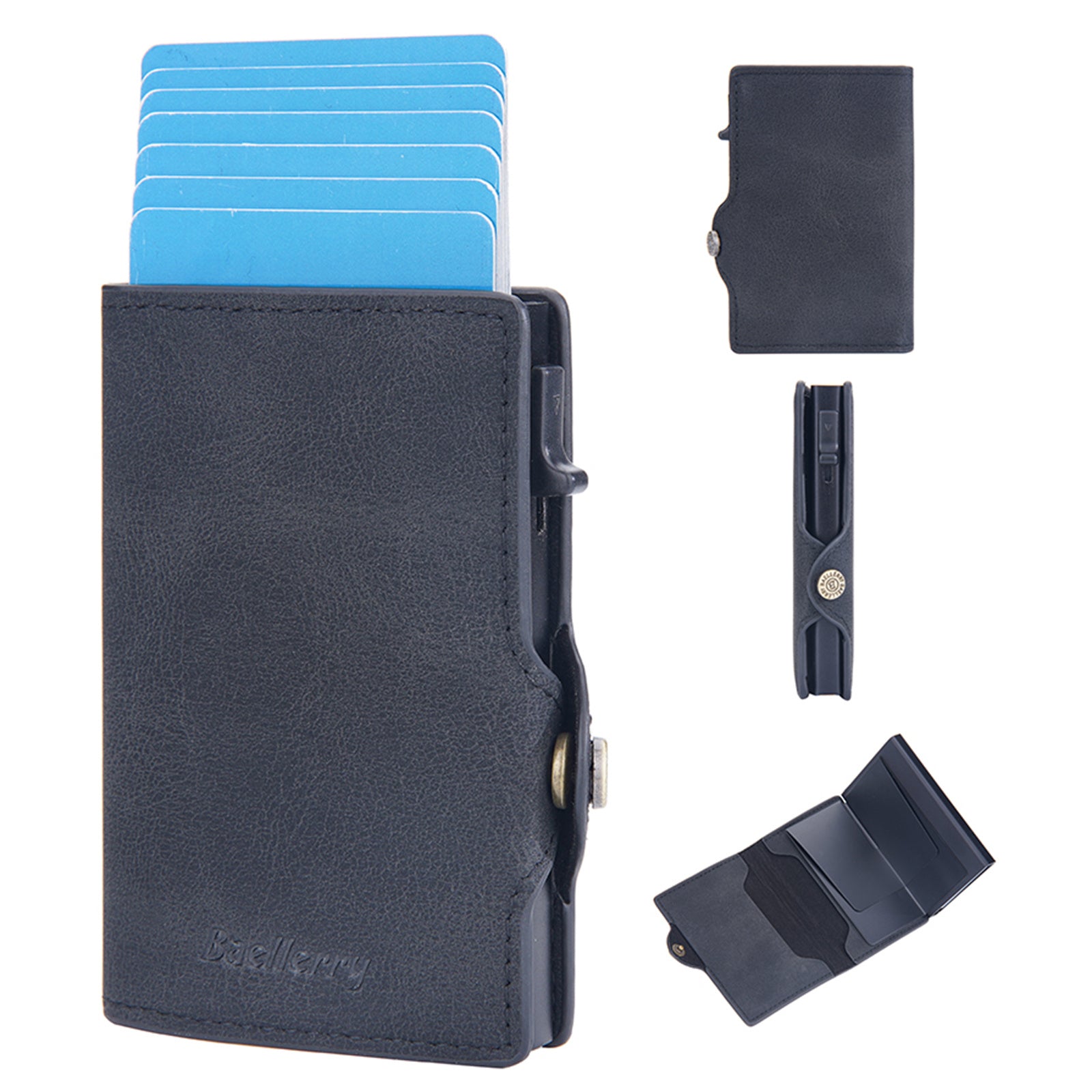 BAELLERRY K9296 Side Push Button Design RFID Blocking Card Holder Retro PU Leather Aluminum Alloy Men Credit Card Carrying Bag