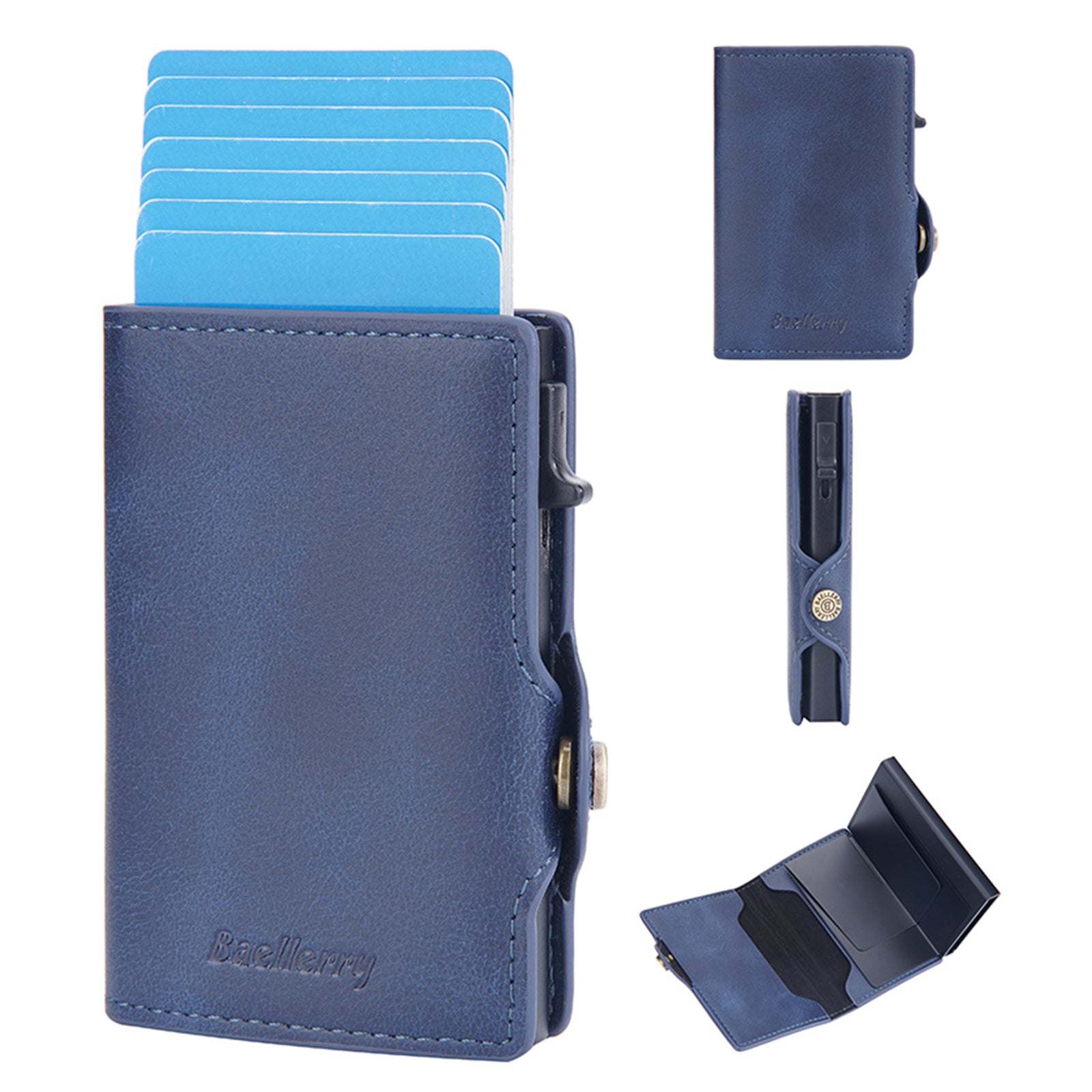 BAELLERRY K9296 Side Push Button Design RFID Blocking Card Holder Retro PU Leather Aluminum Alloy Men Credit Card Carrying Bag