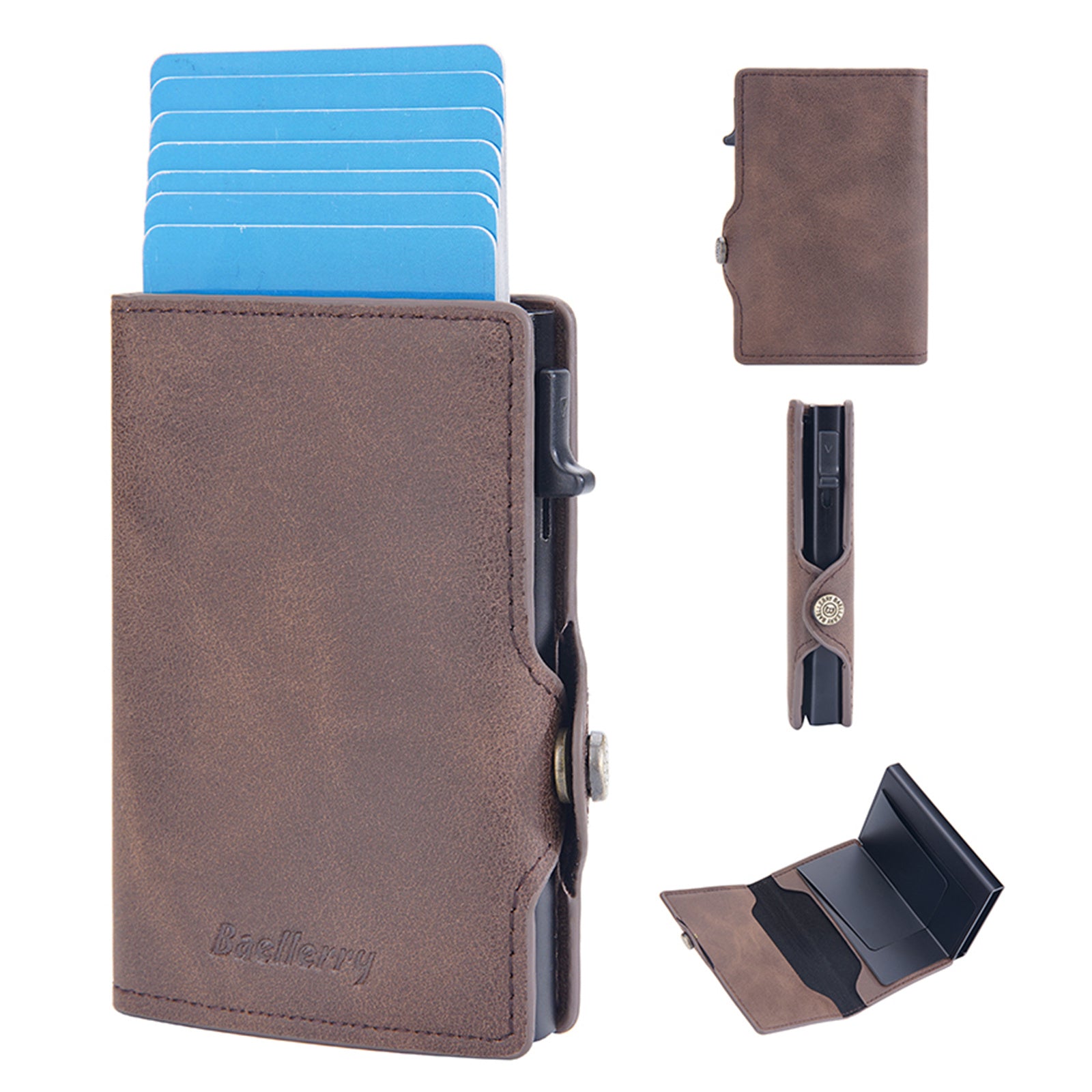 BAELLERRY K9296 Side Push Button Design RFID Blocking Card Holder Retro PU Leather Aluminum Alloy Men Credit Card Carrying Bag