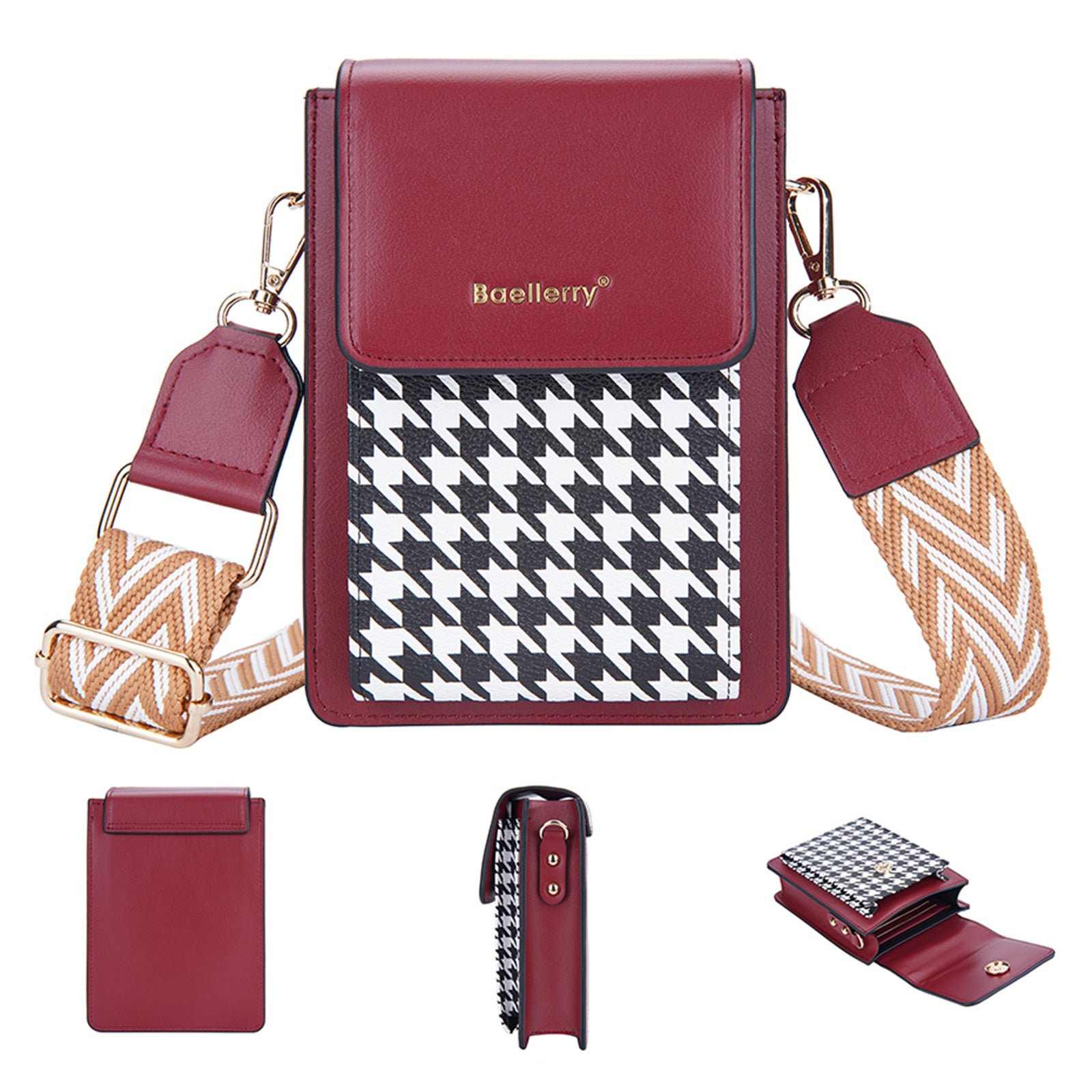 BAELLERRY N8626 Contrast Color PU Leather Magnetic Button Phone Carrying Pouch Stylish Women Cards Cash Holder Crossbody Bag