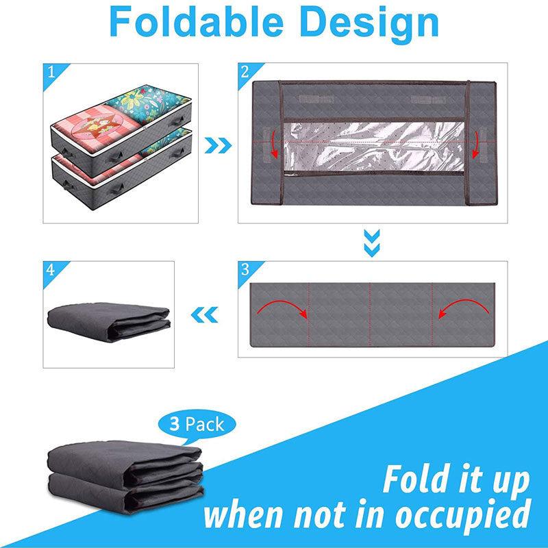 KZ-001001 3Pcs 100*50*15cm Foldable Under Bed Blankets Clothes Organizer Storage Bag Zippered Storage Bin with Transparent Window
