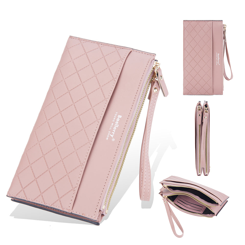 BAELLERRY N3238 Rhombus Stitching Lines Double Zipper Cellphone Clutch Women Purse PU Leather Long Wallet with Hand Strap