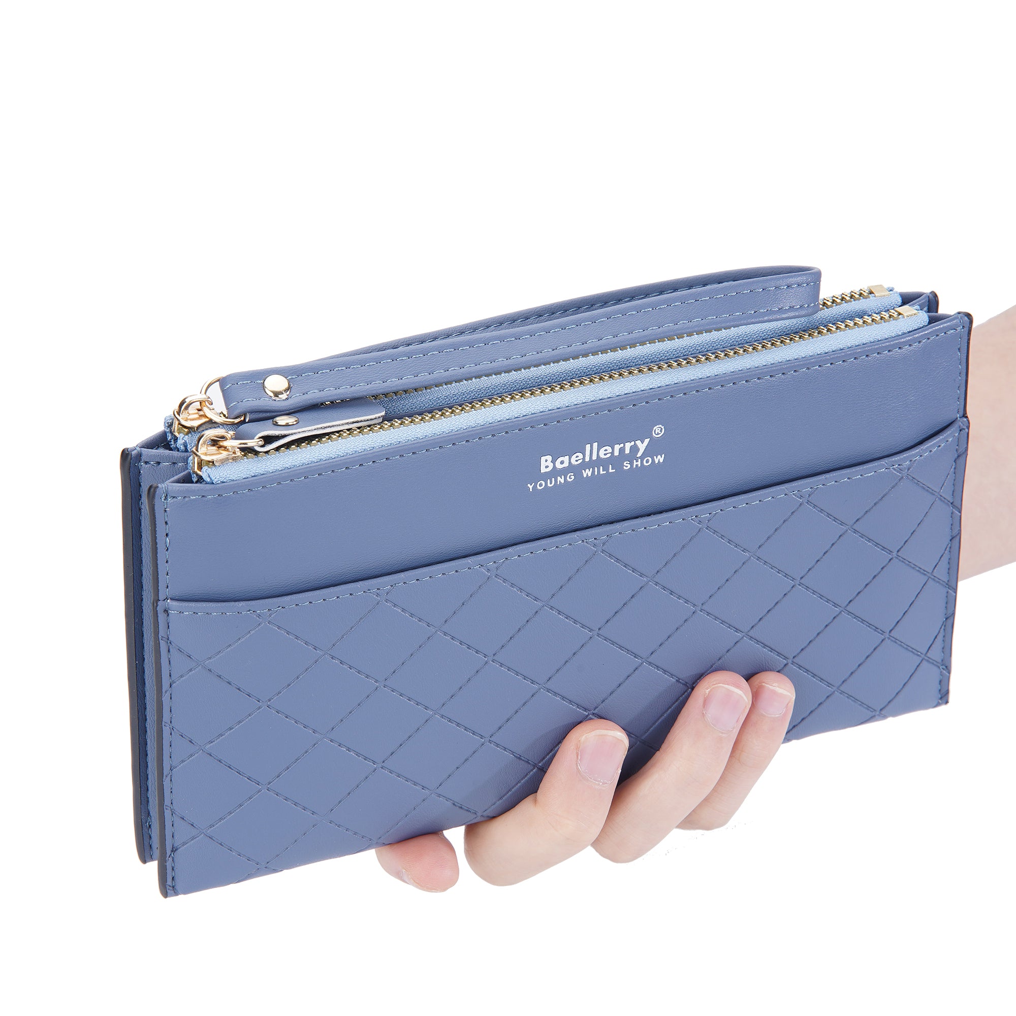 BAELLERRY N3238 Rhombus Stitching Lines Double Zipper Cellphone Clutch Women Purse PU Leather Long Wallet with Hand Strap