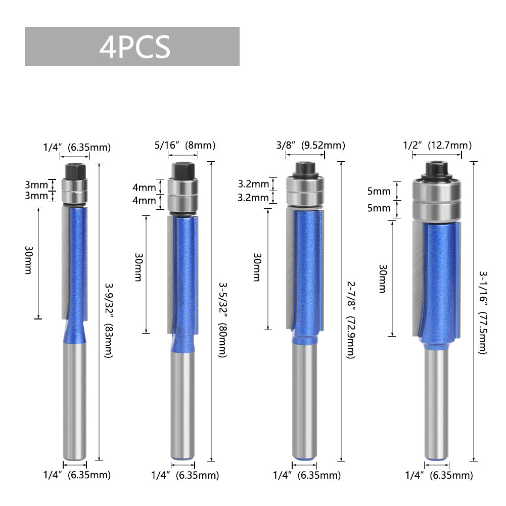 4Pcs Router Bit Set 1/4 Shank Milling Cutter Double Bearing Carving Cutter Woodworking Tools for Wood MDF Particleboard