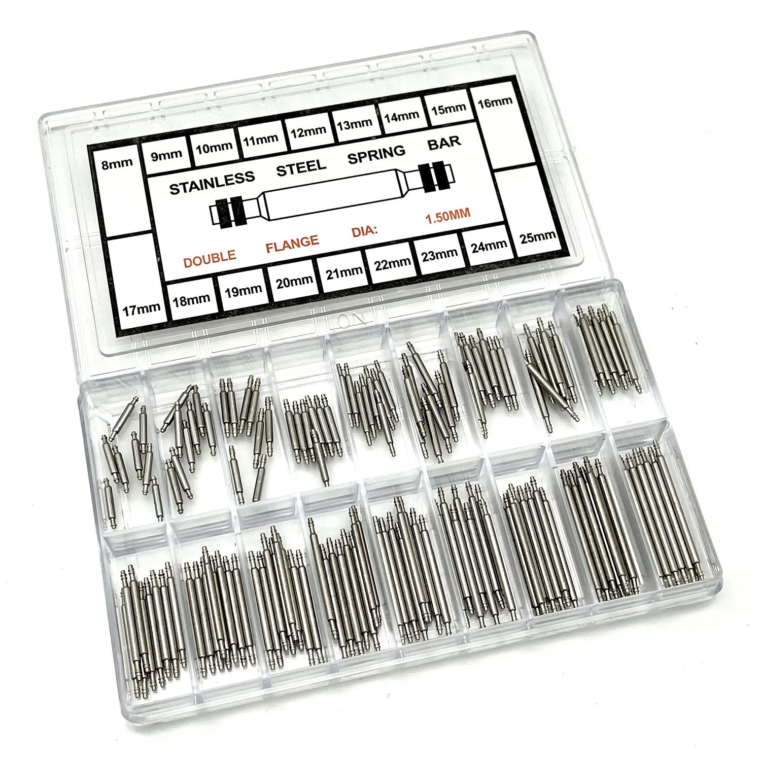 144Pcs/Set Watch Band Stainless Steel Link Pins Professional Spring Bars Smart Watch Replacement Parts with Plastic Box (8-25mm)