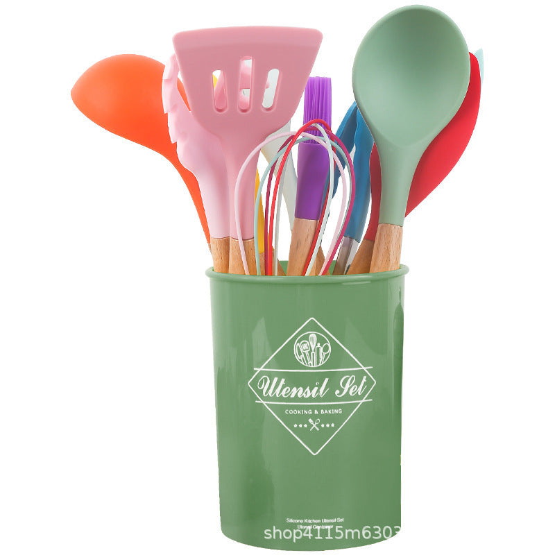 13Pcs Set Kitchen Utensils Wooden Handle Silicone Spatula Ladle Egg Beater Kitchen Cooking Tools Kit (No FDA Certification BPA Free)