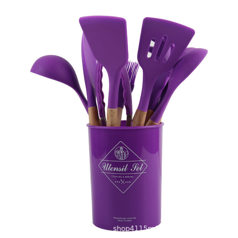 13Pcs Set Kitchen Utensils Wooden Handle Silicone Spatula Ladle Egg Beater Kitchen Cooking Tools Kit (No FDA Certification BPA Free)
