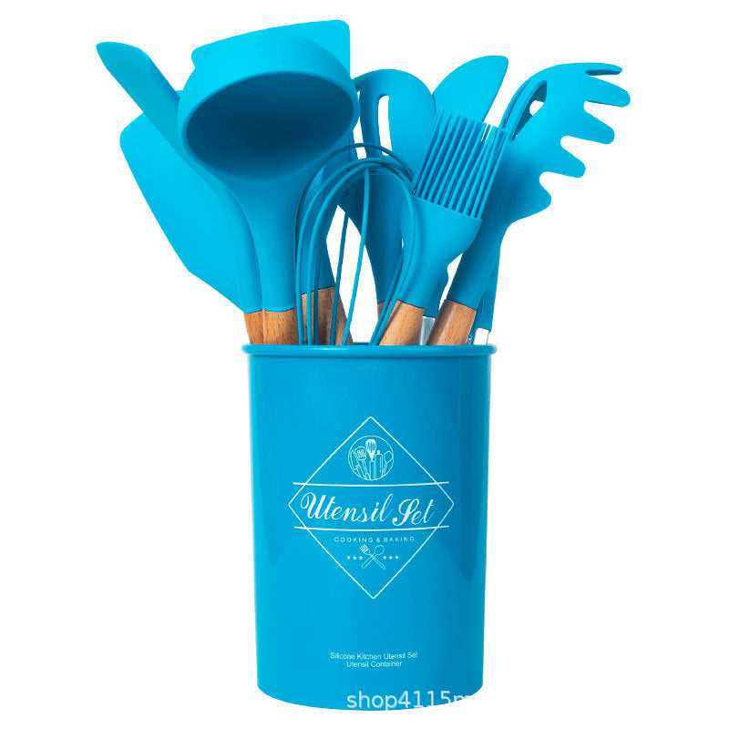 13Pcs Set Kitchen Utensils Wooden Handle Silicone Spatula Ladle Egg Beater Kitchen Cooking Tools Kit (No FDA Certification BPA Free)