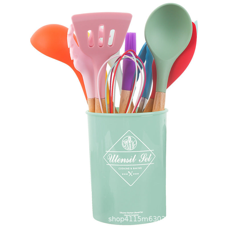 13Pcs Set Kitchen Utensils Wooden Handle Silicone Spatula Ladle Egg Beater Kitchen Cooking Tools Kit (No FDA Certification BPA Free)