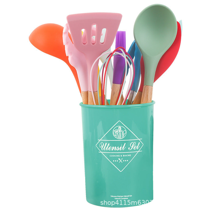 13Pcs Set Kitchen Utensils Wooden Handle Silicone Spatula Ladle Egg Beater Kitchen Cooking Tools Kit (No FDA Certification BPA Free)
