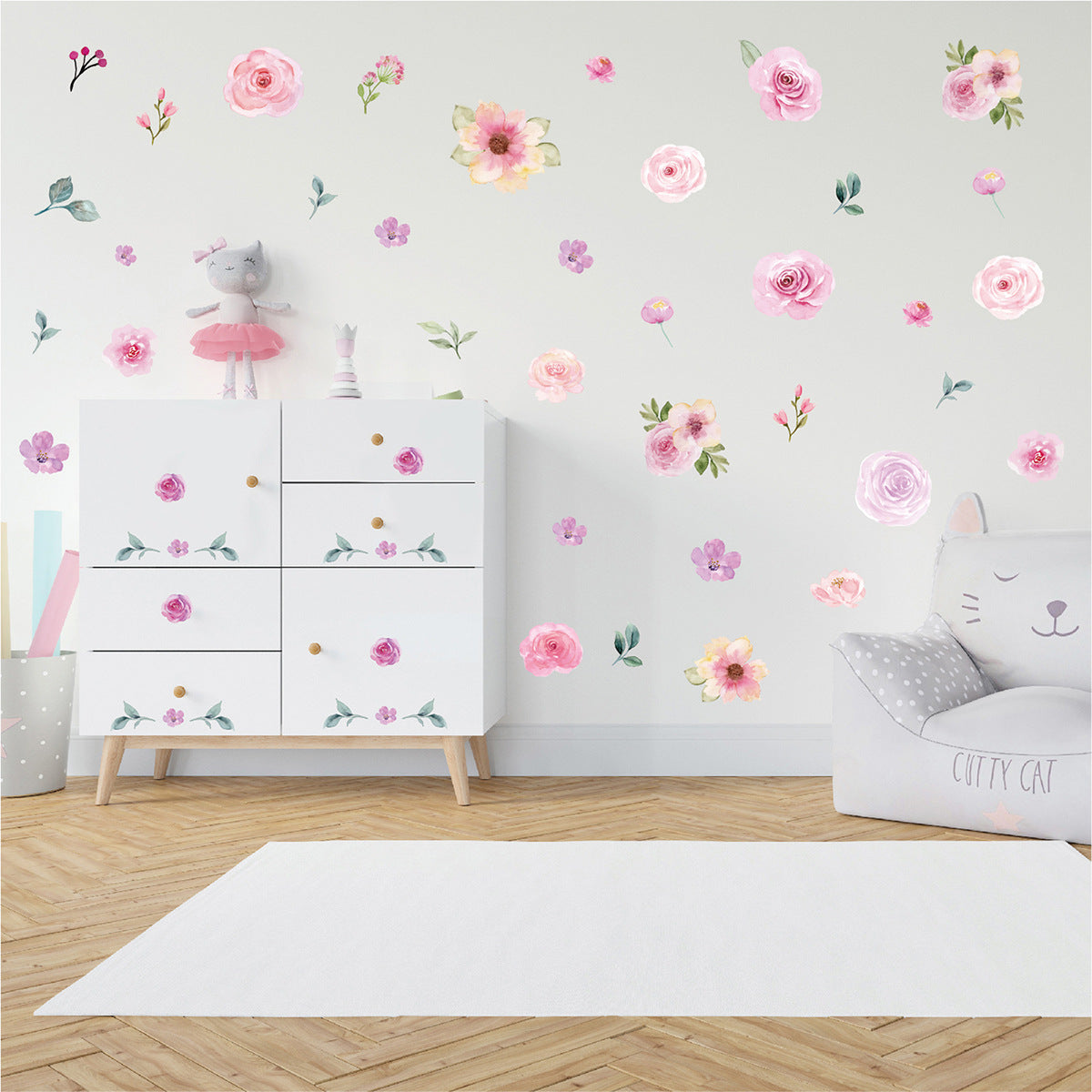 SCHHQT01-04 4Pcs/Set Flowers Wall Decor Sticker for Bedroom Decal Wallpaper (with EN71 Certification)