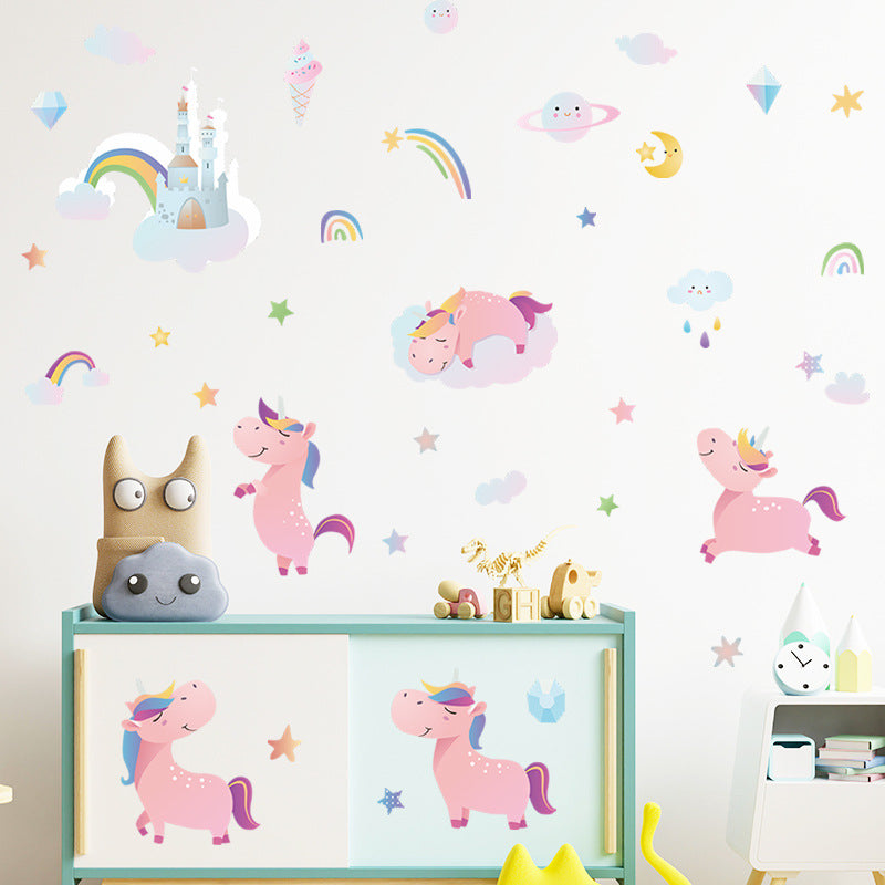 HY4020 4Pcs/Set Cartoon Pink Horse with Rainbows Wall Stickers DIY Mural Art Decor for Kids Room Girl Bedroom Wall Decals (No EN71 Certification)