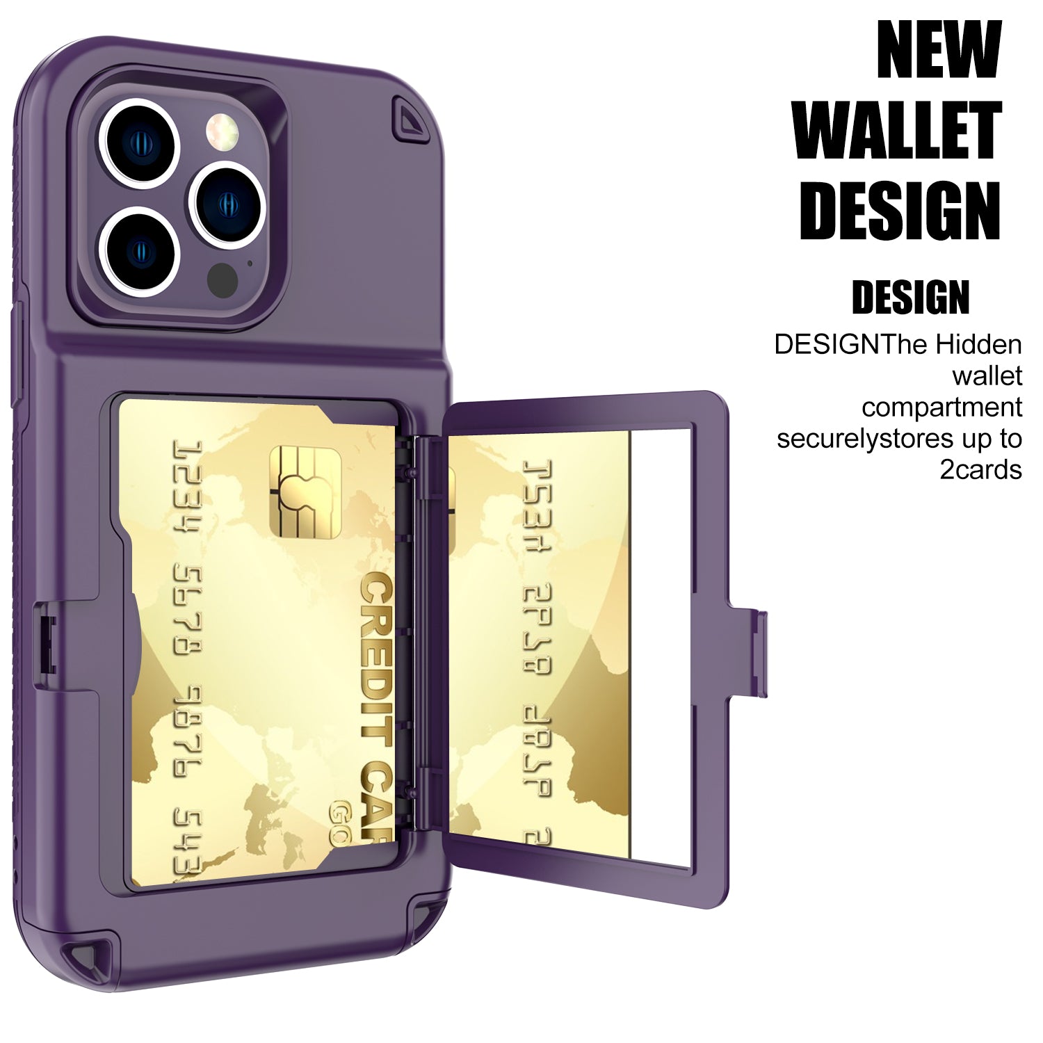 For iPhone 14 Pro Cardcase Series Kickstand PC + TPU Case Mirror Function Card Holder Thickened Phone Cover