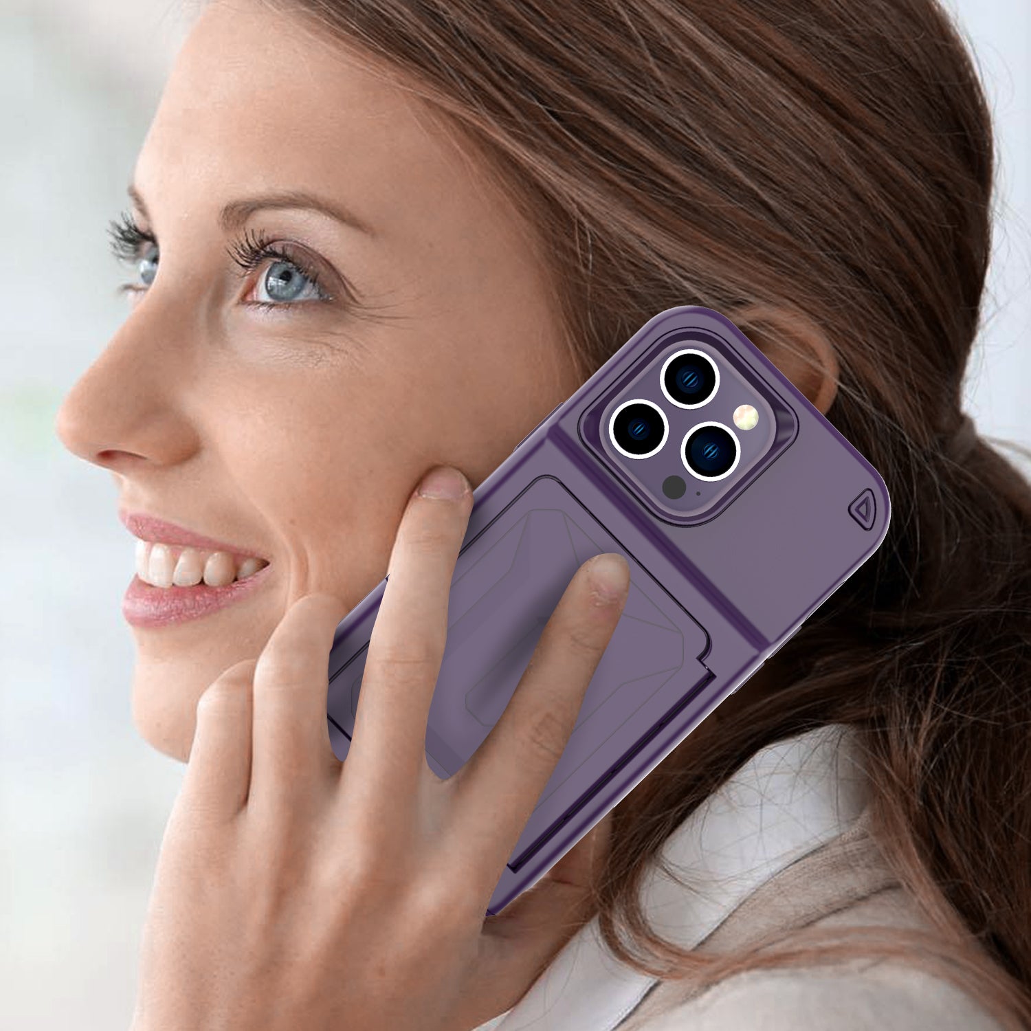 For iPhone 14 Pro Cardcase Series Kickstand PC + TPU Case Mirror Function Card Holder Thickened Phone Cover