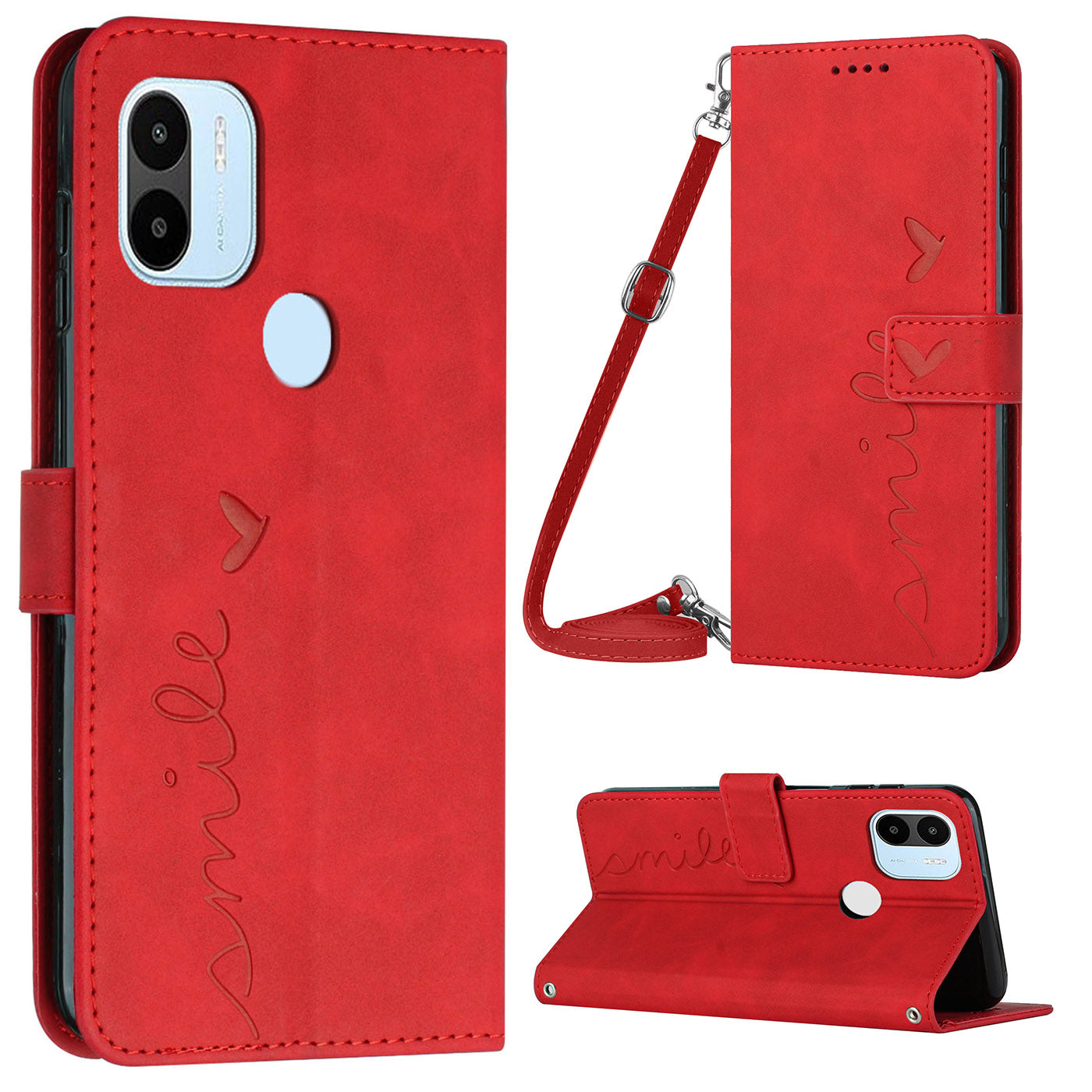 For Xiaomi Redmi A1 4G A2 4G Poco C50 4G Supporting Stand PU Leather Wallet Flip Cover Imprinted Heart Shape Skin-touch Feeling Shockproof Phone Case with Shoulder Strap
