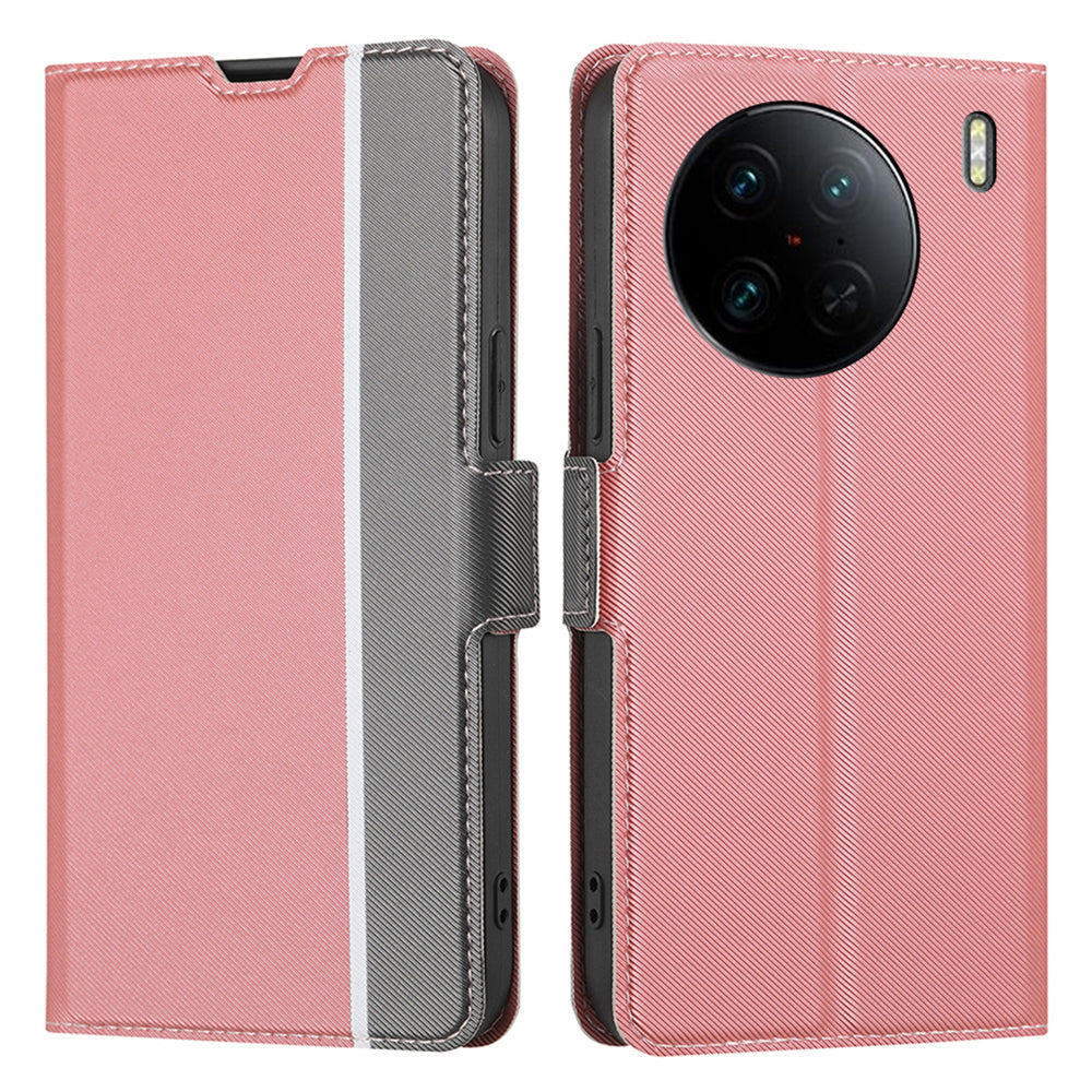 For vivo X90 Pro 5G Shockproof Phone Case PU Leather Dual Magnetic Clasp Twill Texture Stand Card Holder Cover
