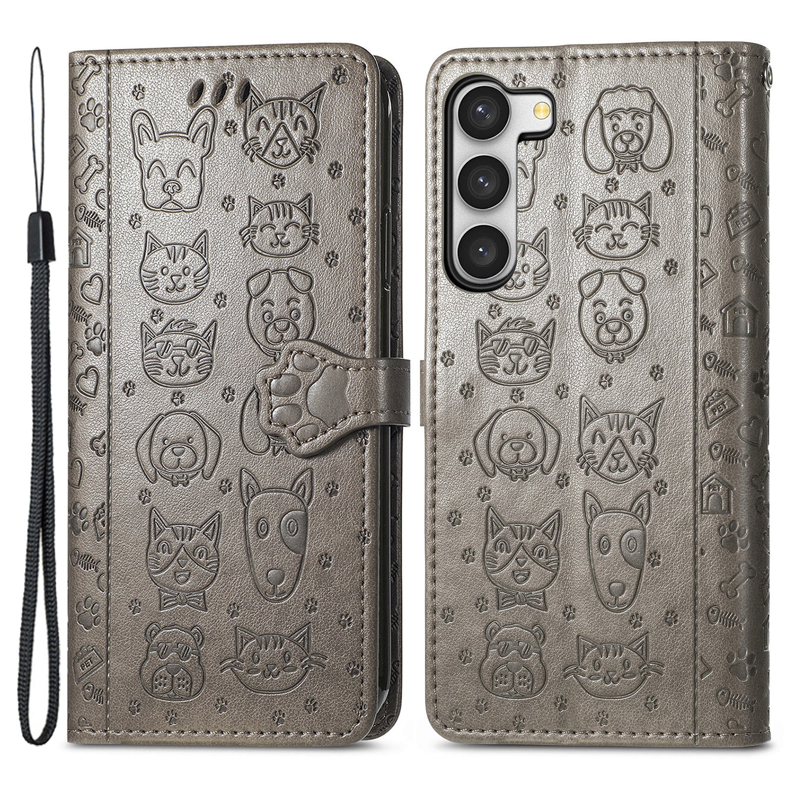 For Samsung Galaxy S23 Wallet Stand Full Protection Cover Imprinted Cat Dog Pattern Phone Case PU Leather Shell