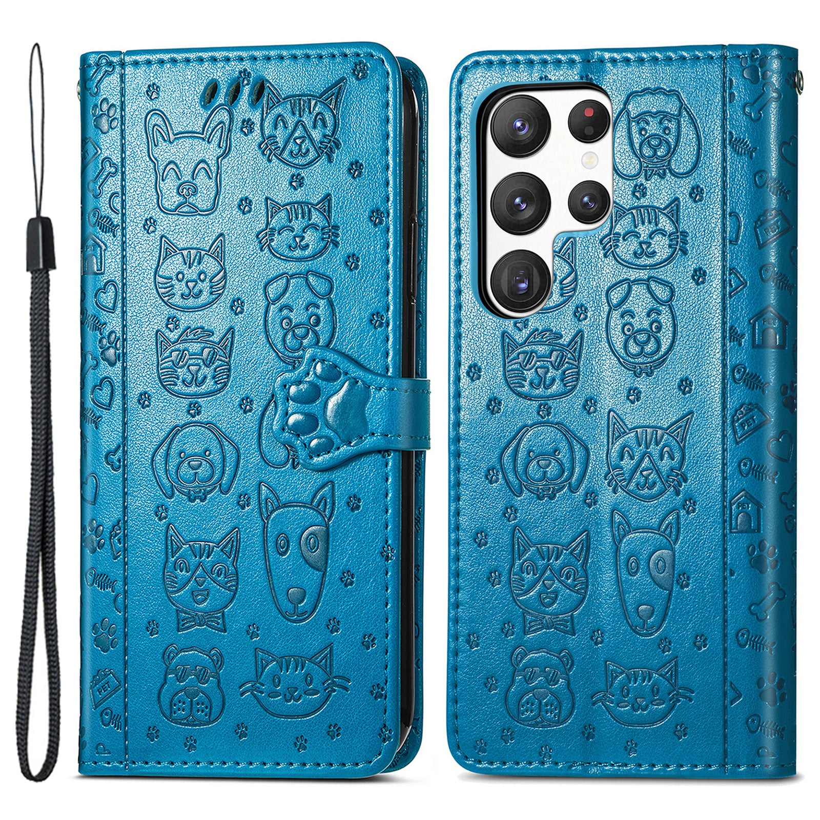 For Samsung Galaxy S23 Ultra Imprinted Cat Dog Pattern Phone Case PU Leather Wallet Stand Full Protection Cover