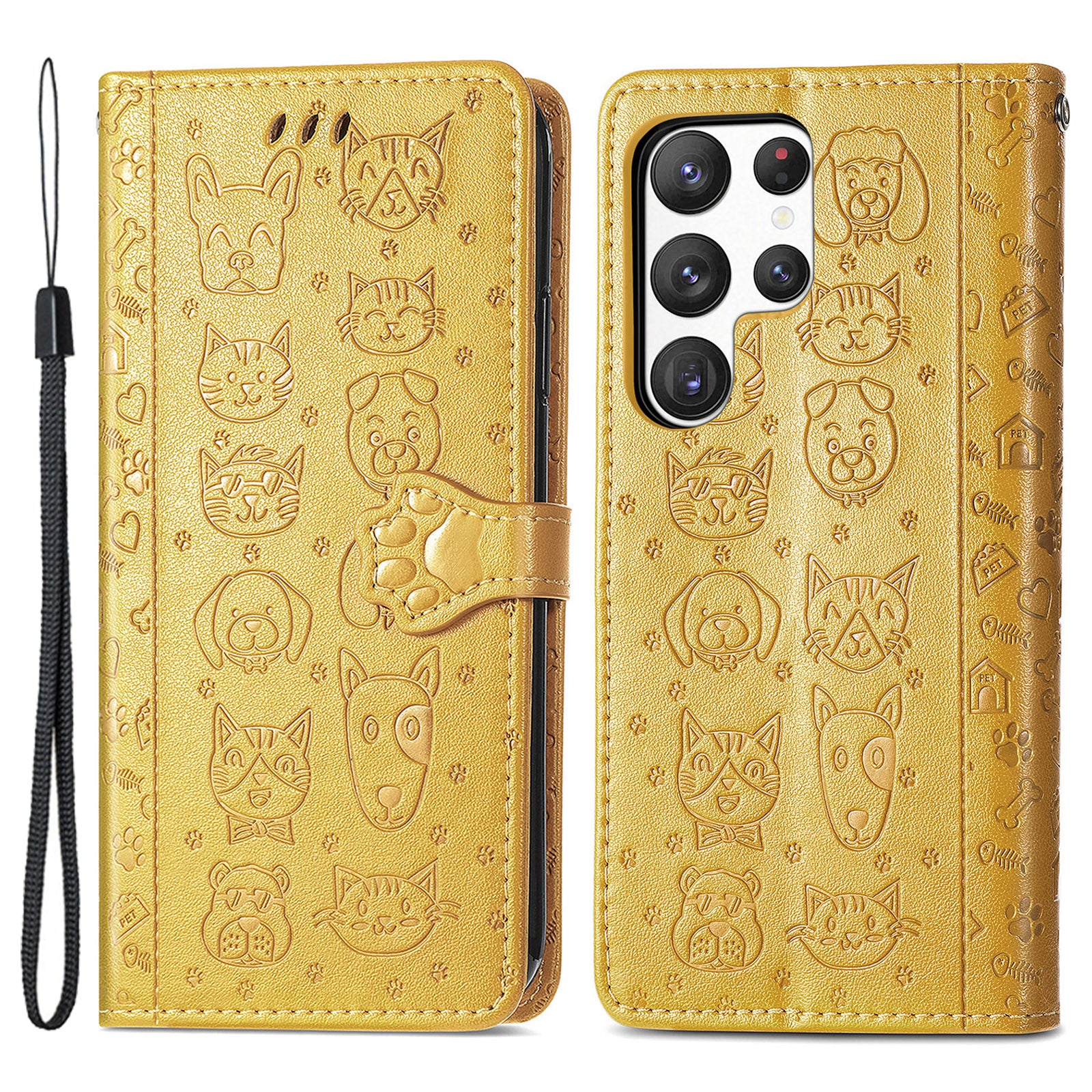For Samsung Galaxy S23 Ultra Imprinted Cat Dog Pattern Phone Case PU Leather Wallet Stand Full Protection Cover