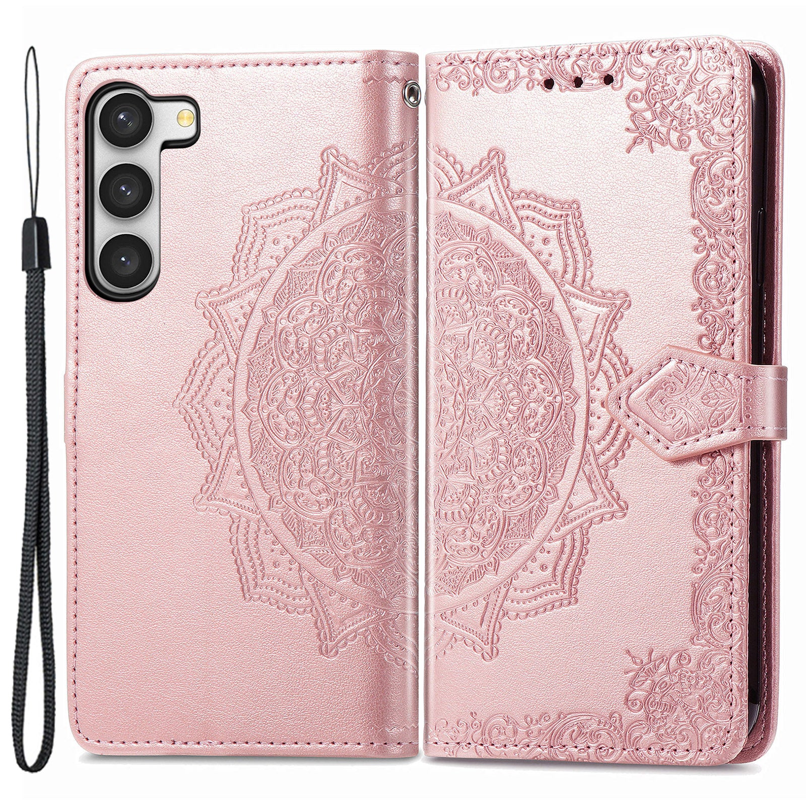 For Samsung Galaxy S23 Shockproof Protection Cover Mandala Pattern Embossed PU Wallet Phone Stand Case with Strap