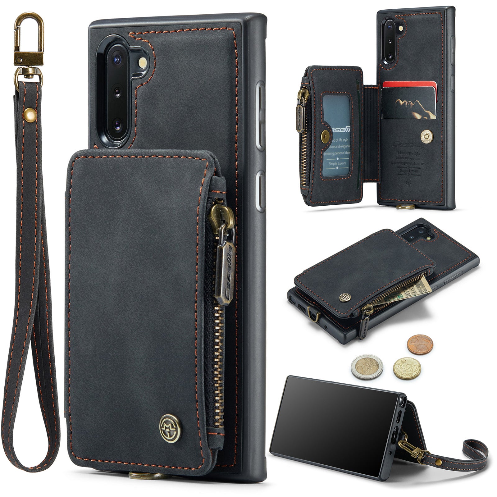CASEME C20 Series for Samsung Galaxy Note 10 4G 5G RFID Blocking PU Leather Coated TPU Case Kickstand Phone Cover with Wallet Zipper Pocket