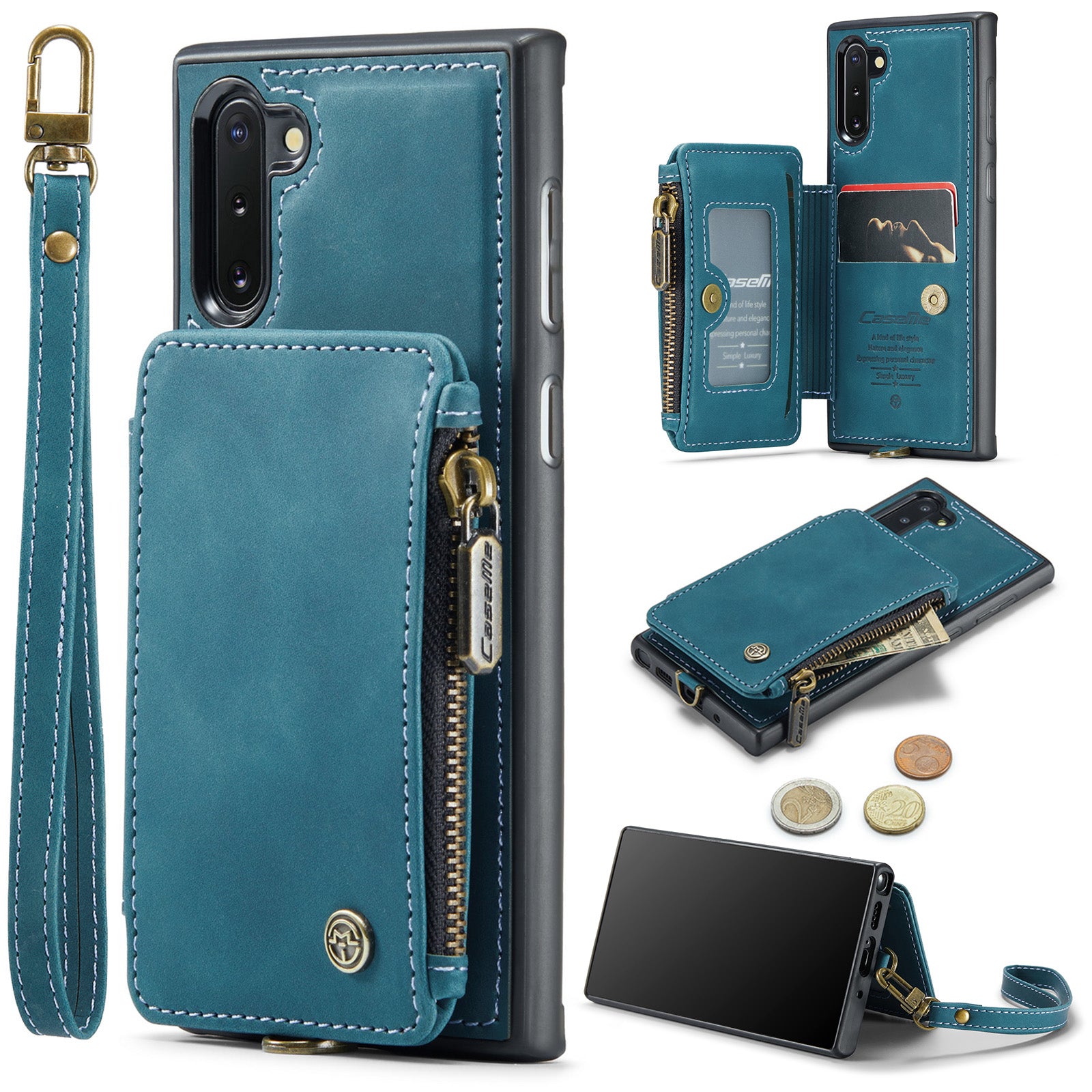 CASEME C20 Series for Samsung Galaxy Note 10 4G 5G RFID Blocking PU Leather Coated TPU Case Kickstand Phone Cover with Wallet Zipper Pocket