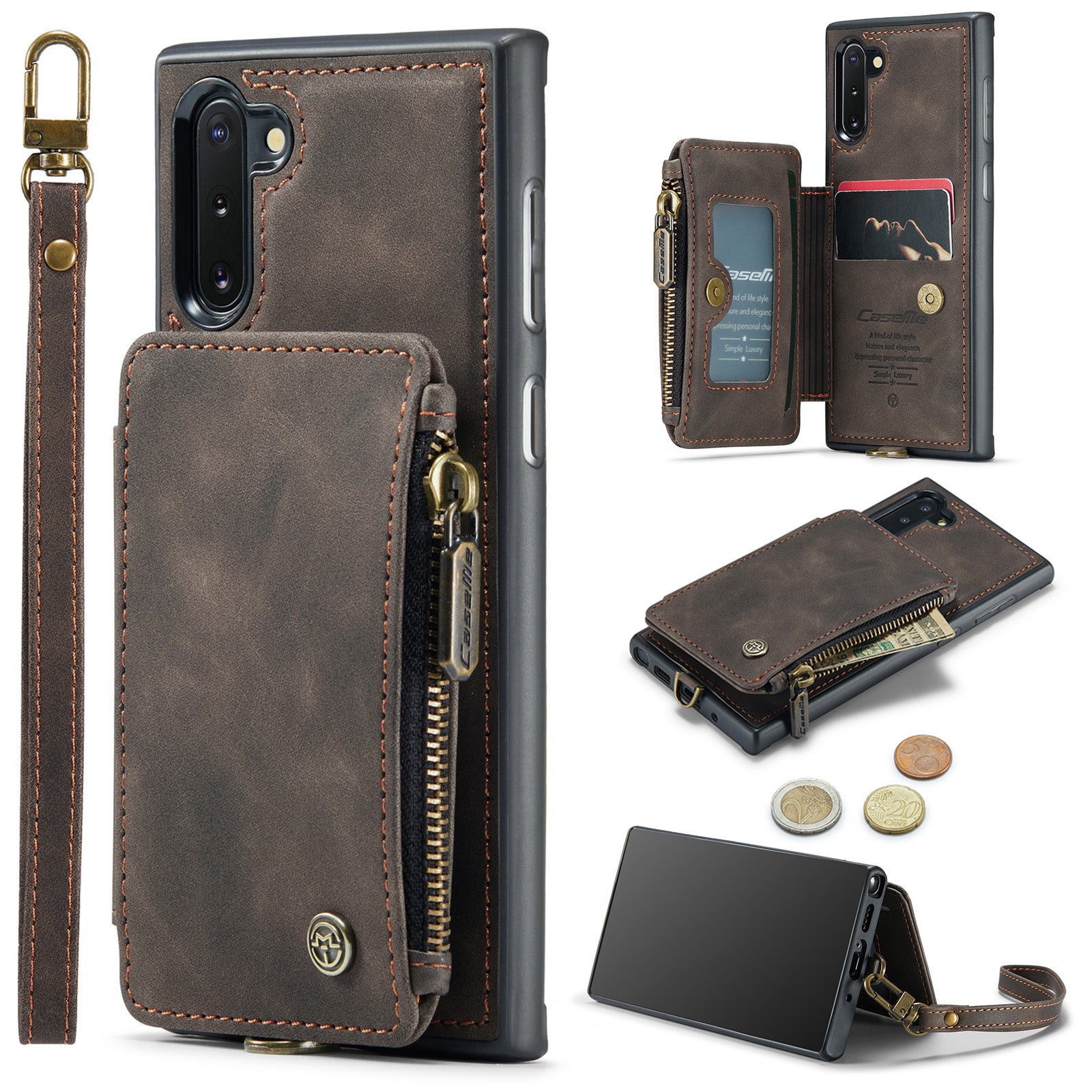 CASEME C20 Series for Samsung Galaxy Note 10 4G 5G RFID Blocking PU Leather Coated TPU Case Kickstand Phone Cover with Wallet Zipper Pocket