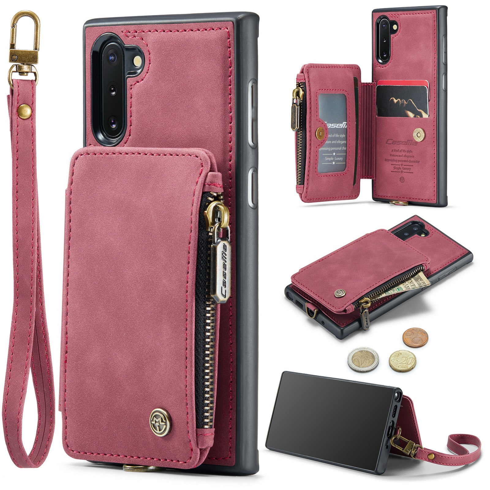 CASEME C20 Series for Samsung Galaxy Note 10 4G 5G RFID Blocking PU Leather Coated TPU Case Kickstand Phone Cover with Wallet Zipper Pocket