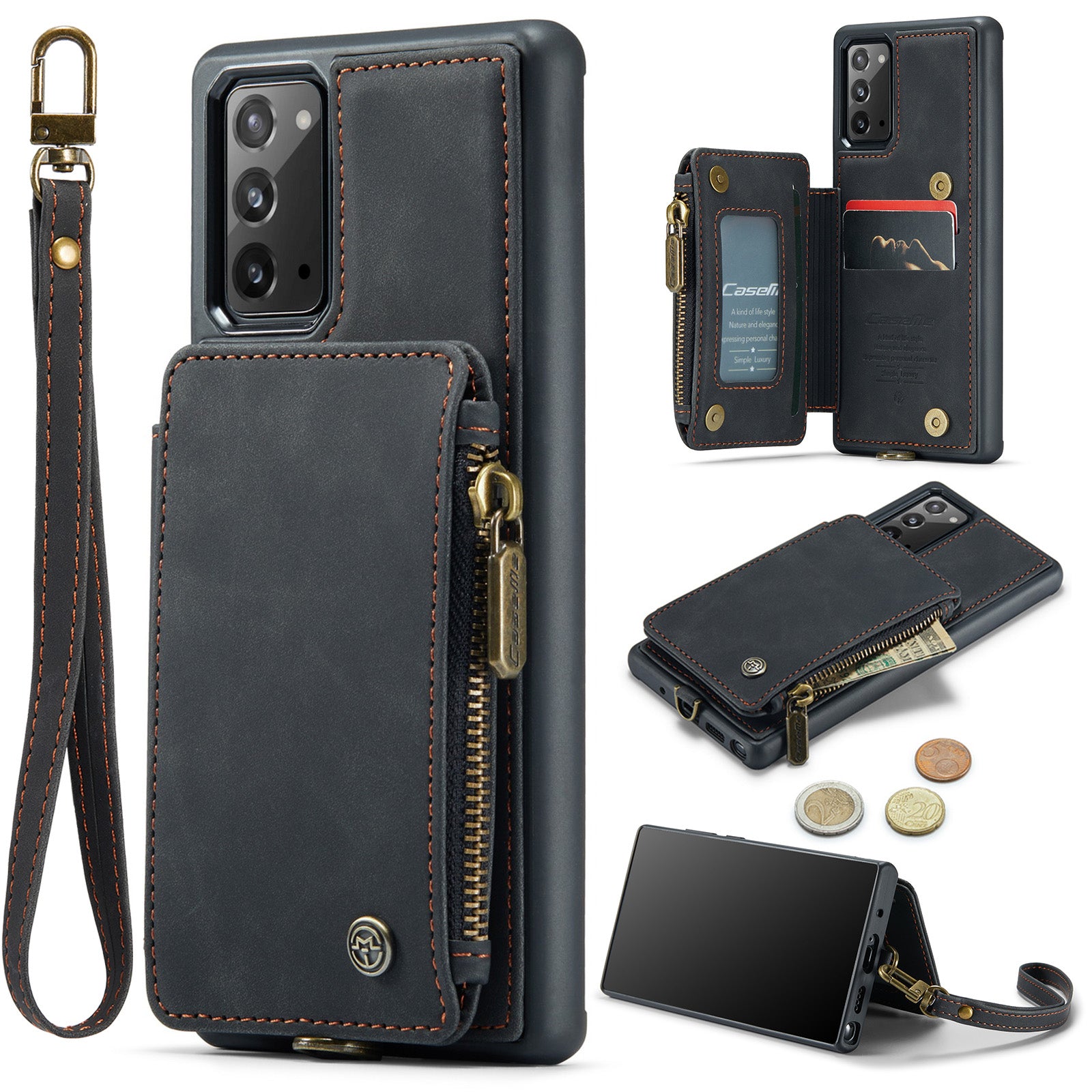 CASEME C20 Series for Samsung Galaxy Note20 Note20 5G RFID Blocking Wallet Zipper Pocket Phone Case Anti-drop Leather Coated TPU Cover with Kickstand
