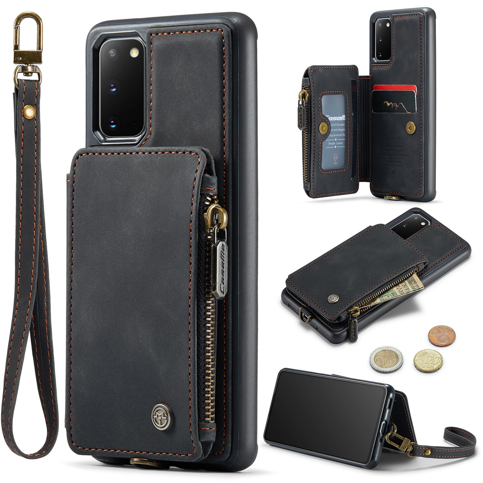 CASEME C20 Series for Samsung Galaxy S20 5G 4G Wallet Zipper Pocket Phone Case RFID Blocking PU Leather Coated TPU Kickstand Cover