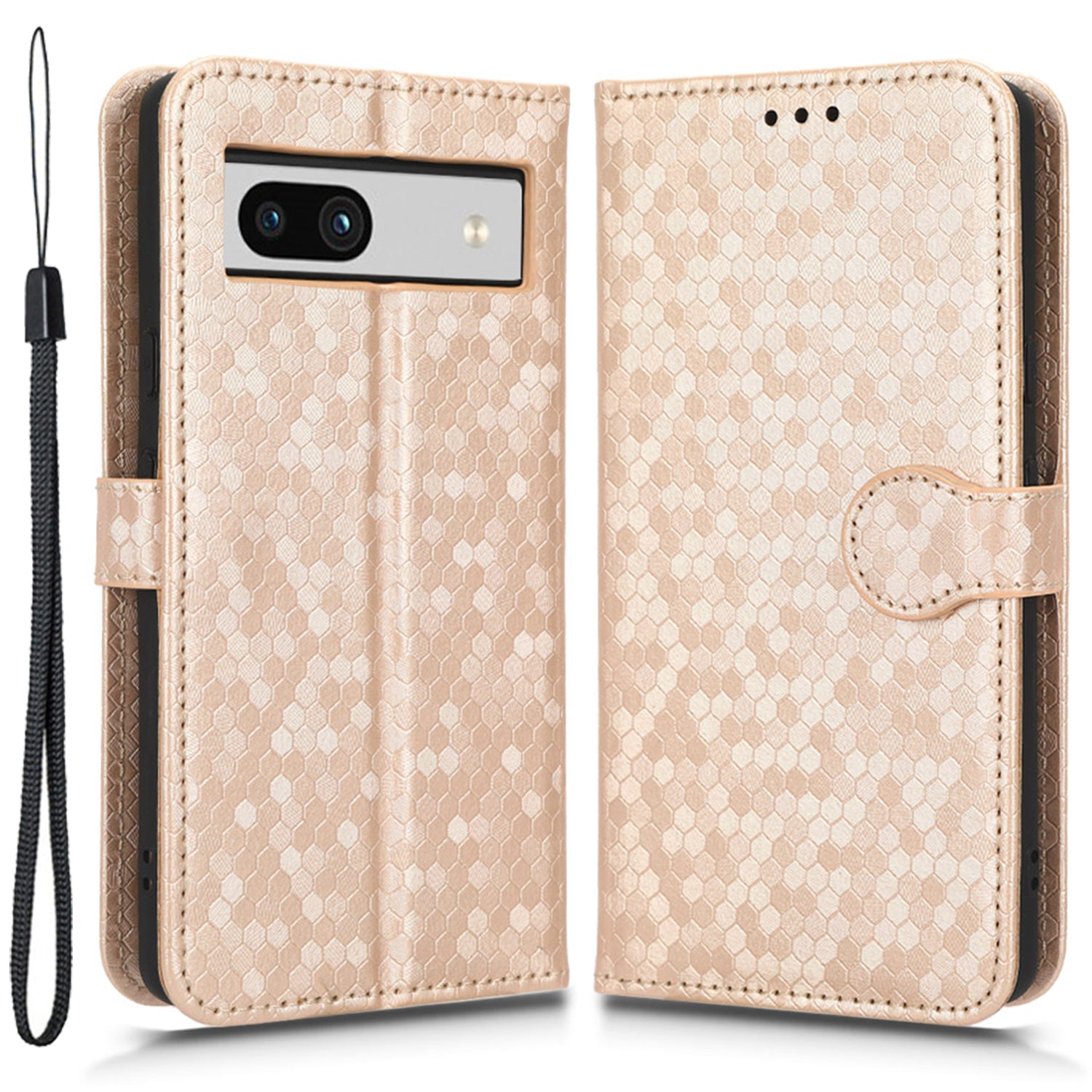 For Google Pixel 7a Dot Pattern Imprinted PU Leather Phone Case Wallet Foldable Stand Inner TPU Cover with Strap