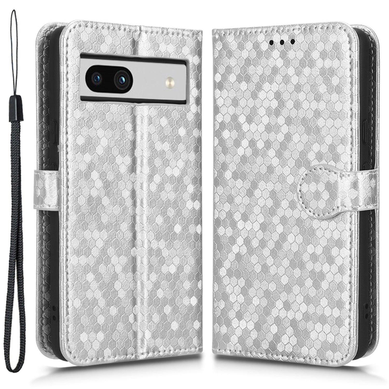 For Google Pixel 7a Dot Pattern Imprinted PU Leather Phone Case Wallet Foldable Stand Inner TPU Cover with Strap