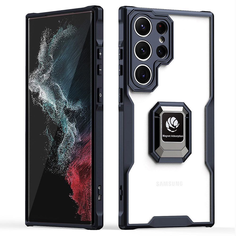 For Samsung Galaxy S22 Ultra 5G Anti-drop Soft TPU Acrylic Phone Case Ring Kickstand Built-in Magnetic Metal Sheet