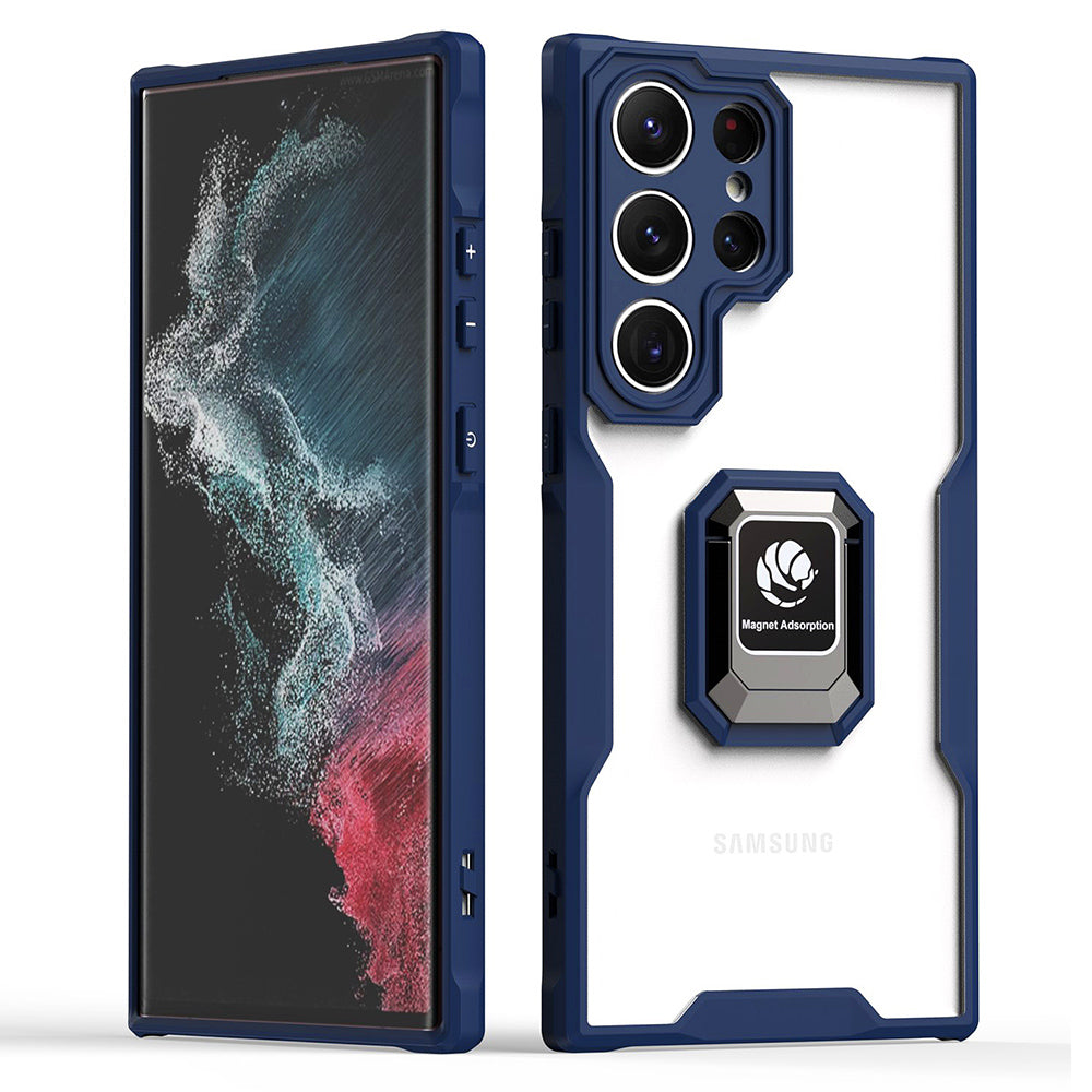 Pro Samsung Galaxy S22 Ultra 5G Měkké akrylové pouzdro na telefon TPU proti pádu, kroužek, stojánek, vestavěný magnetický plech