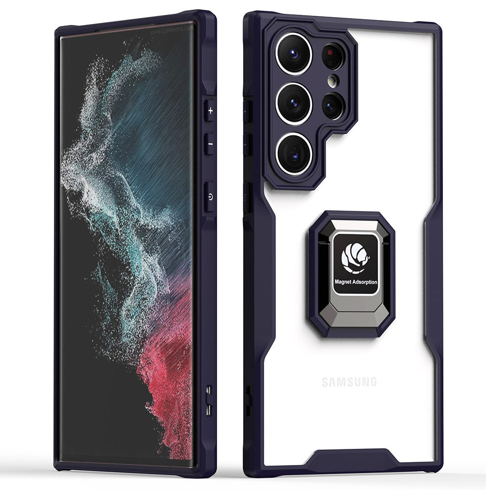 Pro Samsung Galaxy S22 Ultra 5G Měkké akrylové pouzdro na telefon TPU proti pádu, kroužek, stojánek, vestavěný magnetický plech