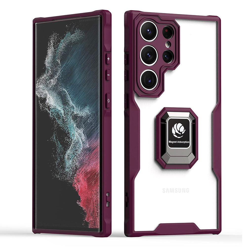 Pro Samsung Galaxy S22 Ultra 5G Měkké akrylové pouzdro na telefon TPU proti pádu, kroužek, stojánek, vestavěný magnetický plech