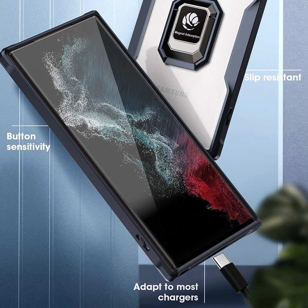 Pro Samsung Galaxy S22 Ultra 5G Měkké akrylové pouzdro na telefon TPU proti pádu, kroužek, stojánek, vestavěný magnetický plech